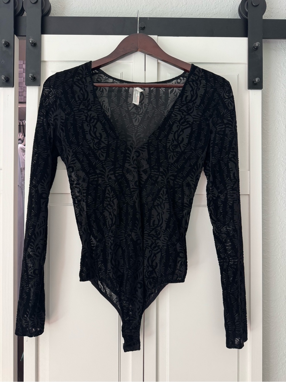 Intimately Free People Black Velvet Burnout Sheer Mesh Bodysuit S